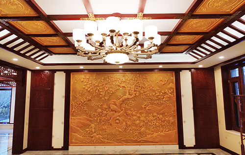 竞秀中式别墅客厅中式木作横梁吊顶装饰展示